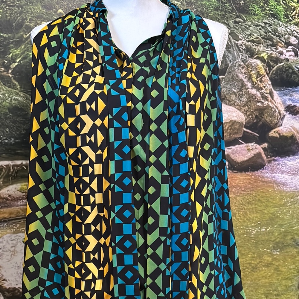 Geometric Patterned Sleeveless Top - Green, Blue, Yellow